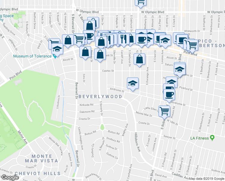 map of restaurants, bars, coffee shops, grocery stores, and more near 9350 Airdrome Street in Los Angeles