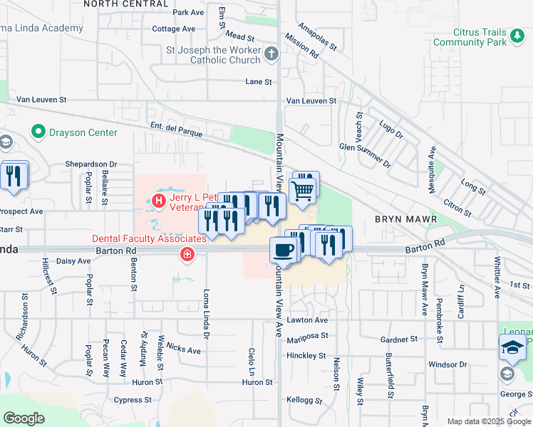 map of restaurants, bars, coffee shops, grocery stores, and more near 25675 Prospect Avenue in Loma Linda