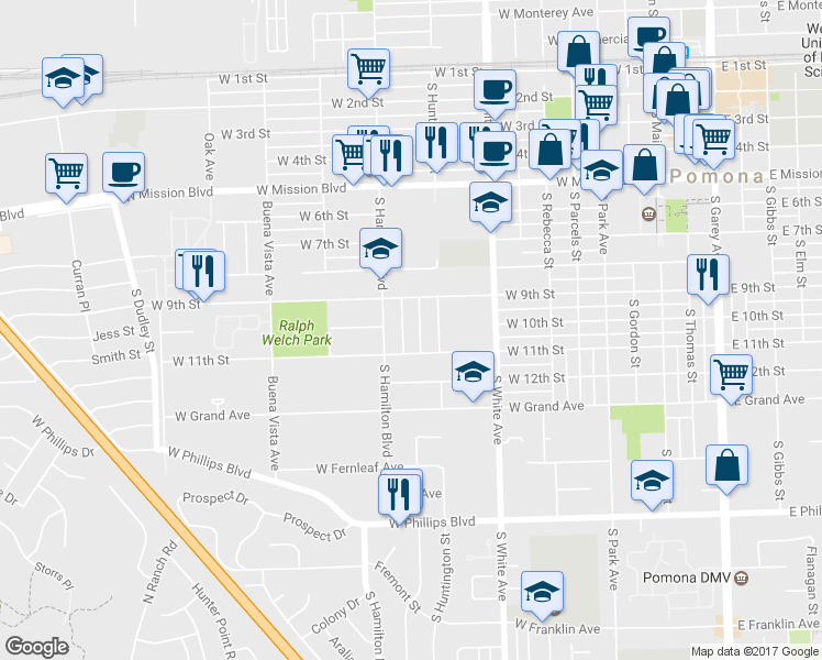 map of restaurants, bars, coffee shops, grocery stores, and more near 1007 Waters Avenue in Pomona