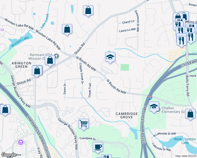 map of restaurants, bars, coffee shops, grocery stores, and more near 714 Creek Trail Northwest in Kennesaw