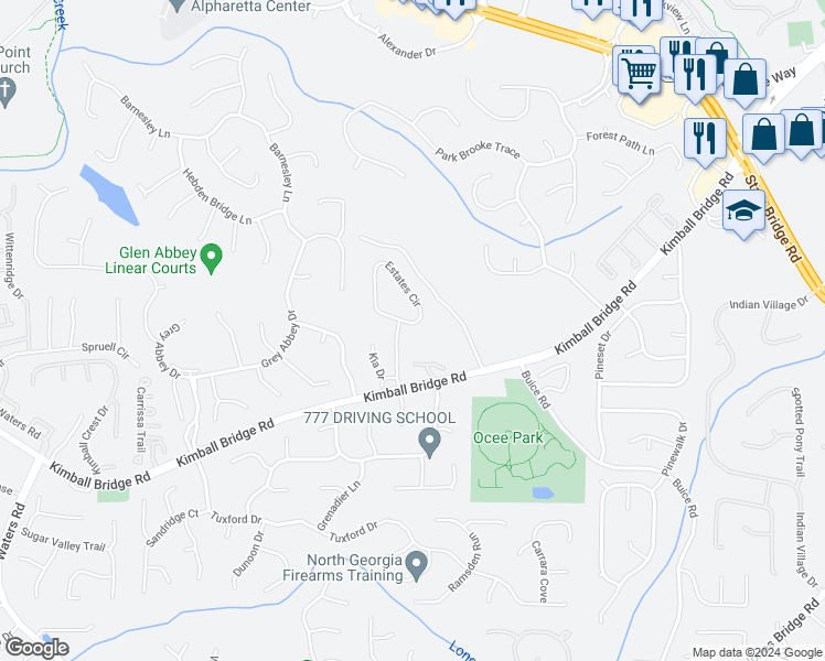 map of restaurants, bars, coffee shops, grocery stores, and more near 11003 Estates Circle in Alpharetta