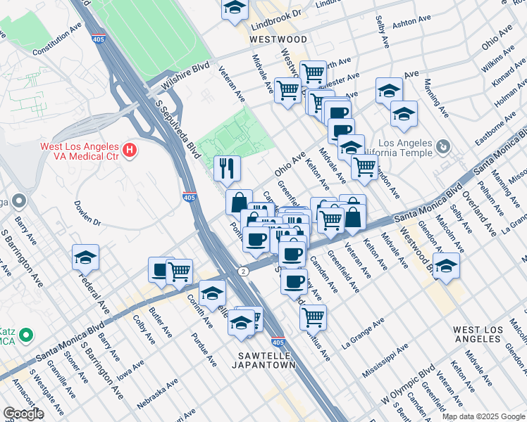 map of restaurants, bars, coffee shops, grocery stores, and more near 1540 South Bentley Avenue in Los Angeles