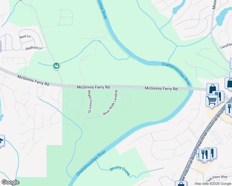 map of restaurants, bars, coffee shops, grocery stores, and more near 8645 River Walk Landing in Suwanee
