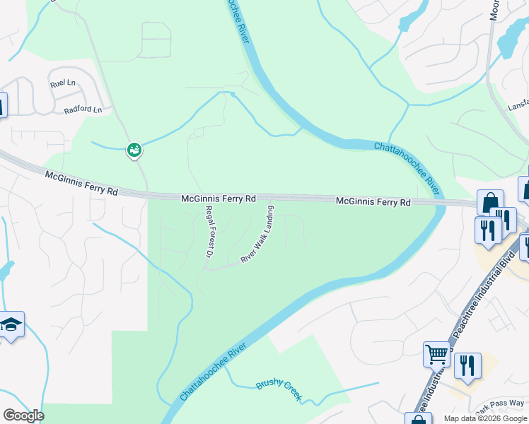 map of restaurants, bars, coffee shops, grocery stores, and more near 8645 River Walk Landing in Suwanee