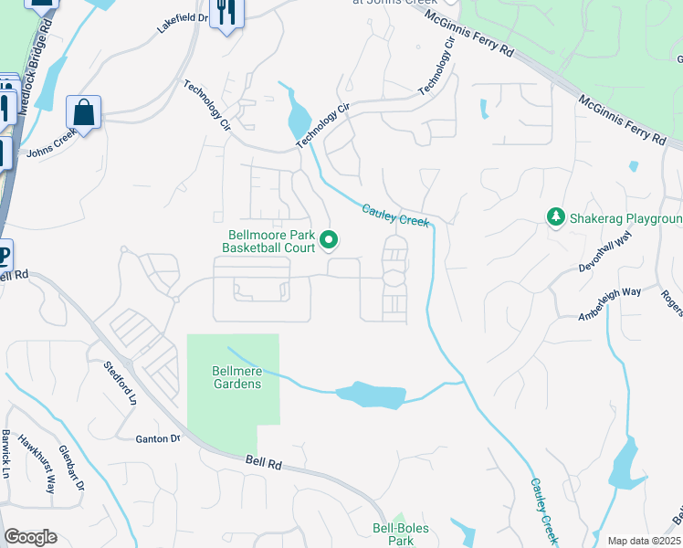 map of restaurants, bars, coffee shops, grocery stores, and more near 6280 Bellmore Park Lane in Duluth