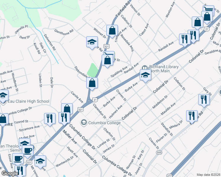 map of restaurants, bars, coffee shops, grocery stores, and more near 5025 North Main Street in Columbia