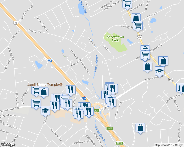 map of restaurants, bars, coffee shops, grocery stores, and more near 3620 Juneau Road in Columbia