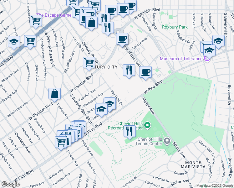 map of restaurants, bars, coffee shops, grocery stores, and more near 2332 Fox Hills Drive in Los Angeles