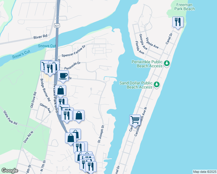 map of restaurants, bars, coffee shops, grocery stores, and more near 1324 St Joseph St in Carolina Beach