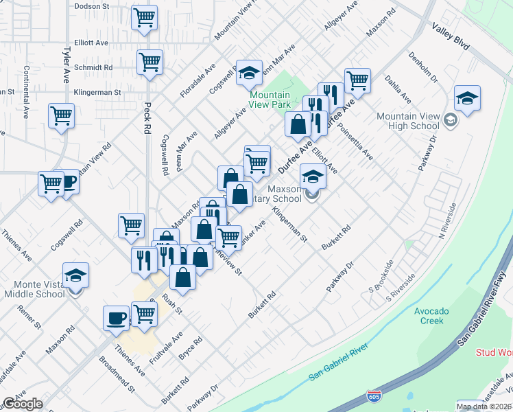 map of restaurants, bars, coffee shops, grocery stores, and more near 2346 Durfee Avenue in El Monte
