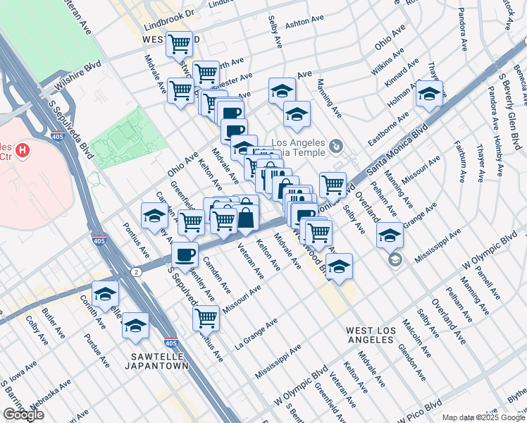 map of restaurants, bars, coffee shops, grocery stores, and more near 1778 Midvale Avenue in Los Angeles