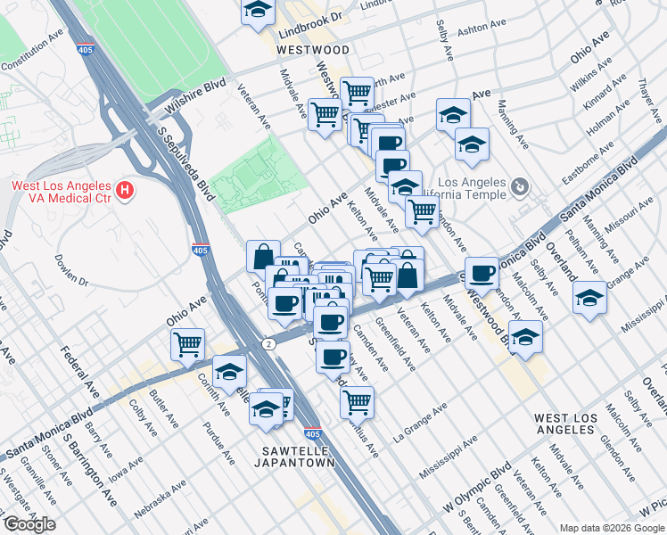 map of restaurants, bars, coffee shops, grocery stores, and more near 1615 Greenfield Avenue in Los Angeles