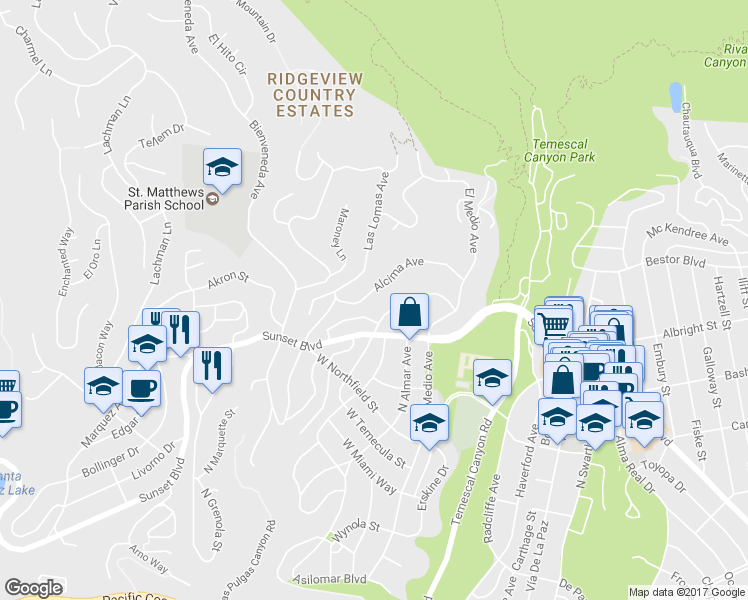 map of restaurants, bars, coffee shops, grocery stores, and more near 16132 Alcima Avenue in Los Angeles