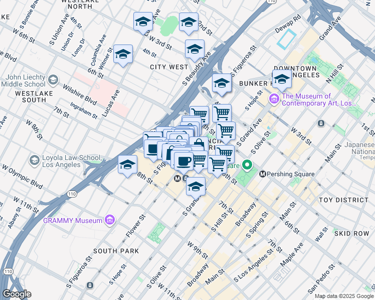 map of restaurants, bars, coffee shops, grocery stores, and more near 616 South Figueroa Street in Los Angeles