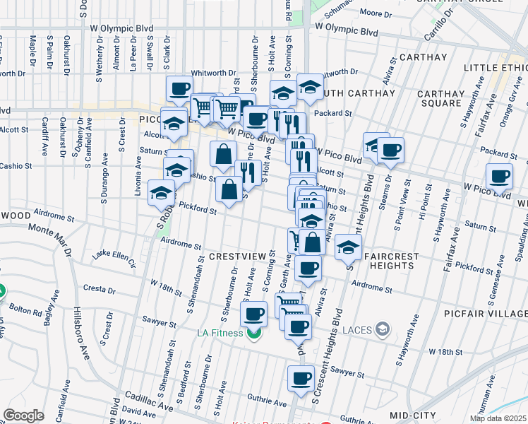 map of restaurants, bars, coffee shops, grocery stores, and more near 8576 Horner Street in Los Angeles
