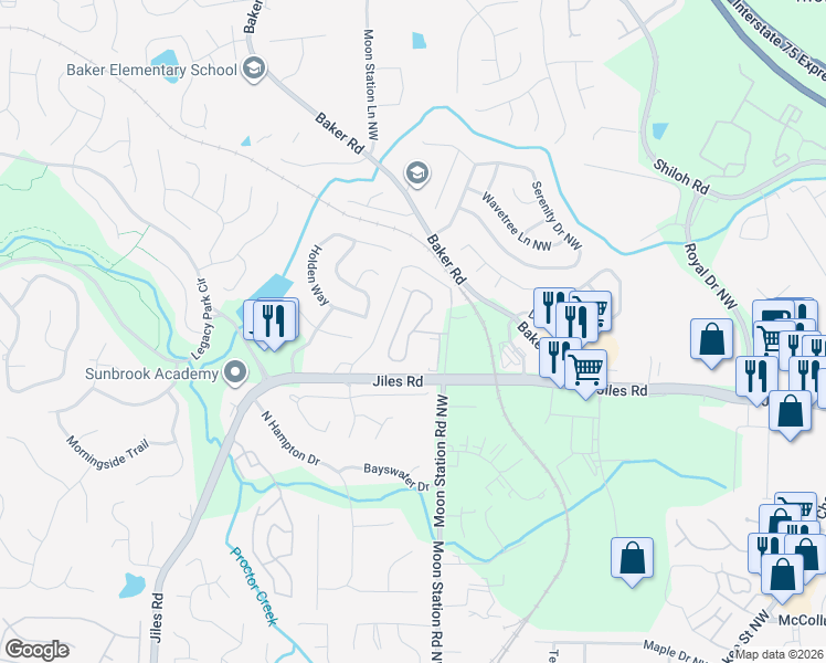 map of restaurants, bars, coffee shops, grocery stores, and more near 2257 Vineyards Lake Drive in Kennesaw