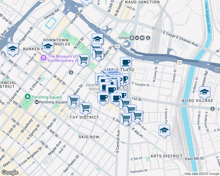 map of restaurants, bars, coffee shops, grocery stores, and more near 2 San Pedro Street in Los Angeles