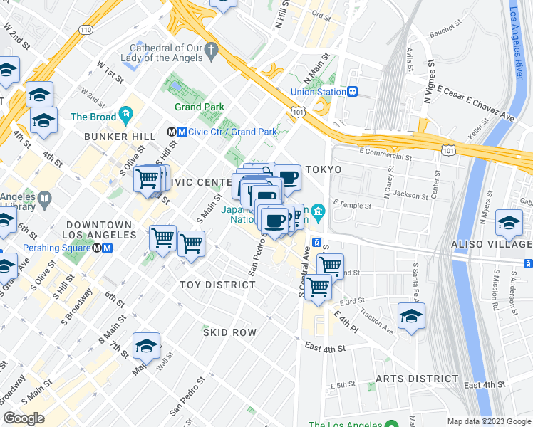 map of restaurants, bars, coffee shops, grocery stores, and more near 134 Astronaut Ellison S Onizuka Street in Los Angeles