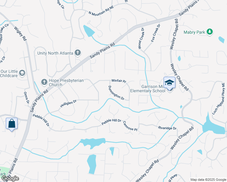 map of restaurants, bars, coffee shops, grocery stores, and more near 4124 Dunnington Drive in Marietta