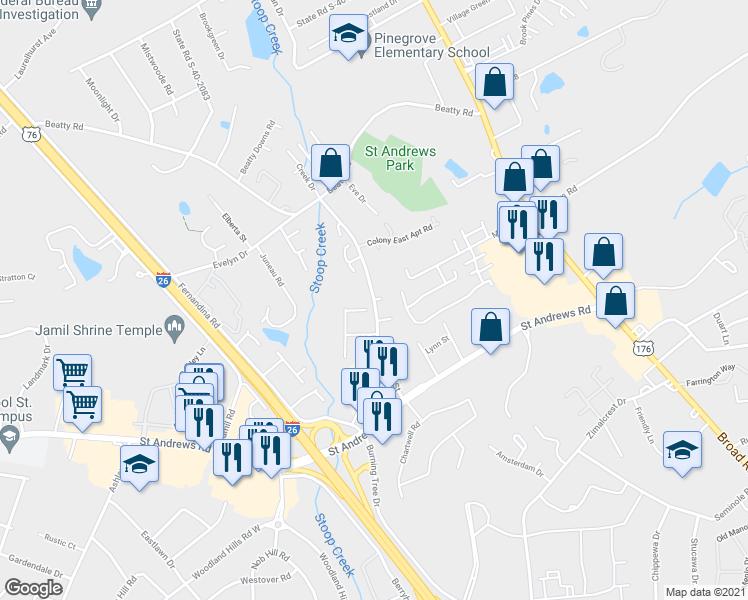 map of restaurants, bars, coffee shops, grocery stores, and more near Kay Street in Saint Andrews