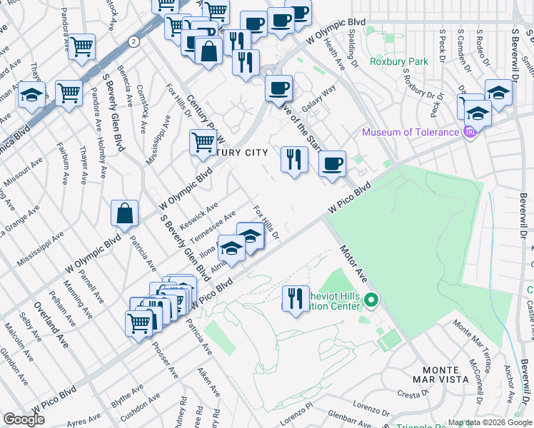 map of restaurants, bars, coffee shops, grocery stores, and more near 2332 Fox Hills Drive in Los Angeles