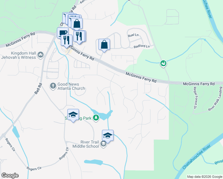 map of restaurants, bars, coffee shops, grocery stores, and more near 310 Ringwood Court in Suwanee