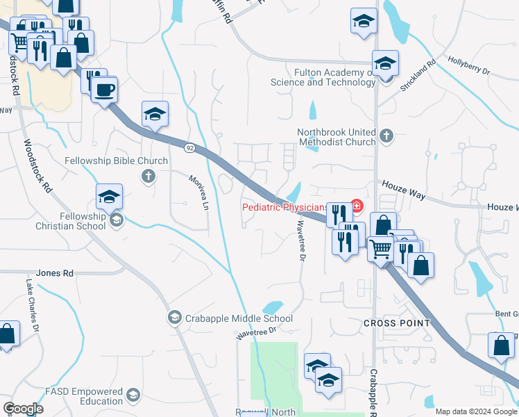 map of restaurants, bars, coffee shops, grocery stores, and more near 7020 Foxberry Lane in Roswell