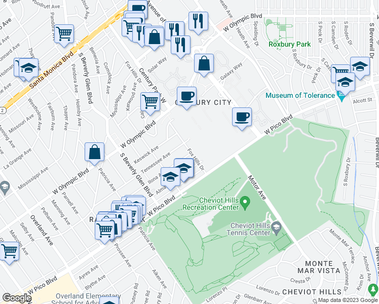 map of restaurants, bars, coffee shops, grocery stores, and more near 2325 Fox Hills Drive in Los Angeles