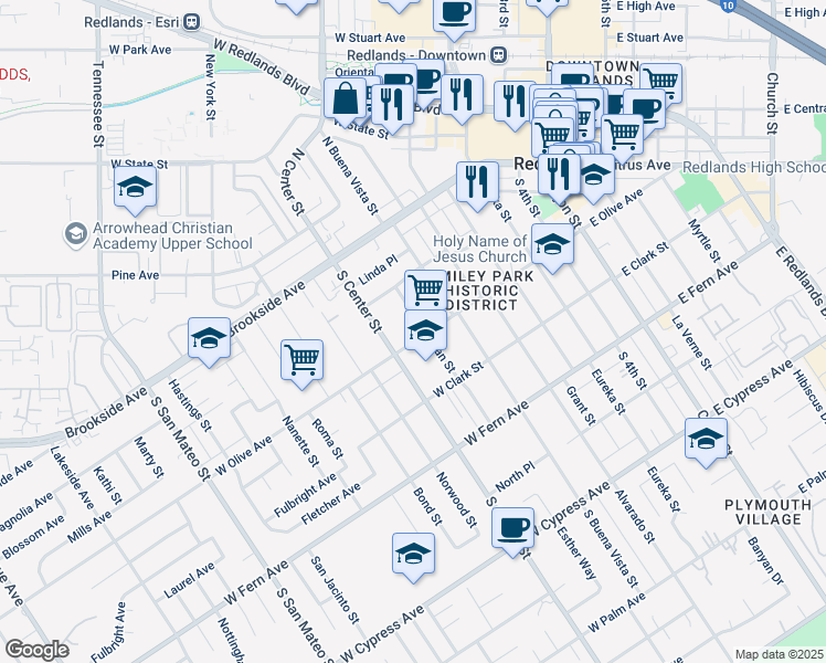 map of restaurants, bars, coffee shops, grocery stores, and more near 608 West Olive Avenue in Redlands