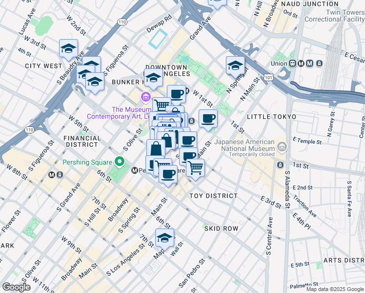 map of restaurants, bars, coffee shops, grocery stores, and more near 333 South Spring Street in Los Angeles