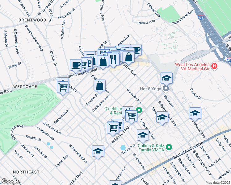 map of restaurants, bars, coffee shops, grocery stores, and more near 11842 Darlington Avenue in Los Angeles