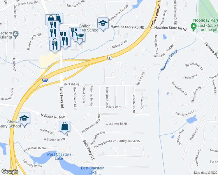 map of restaurants, bars, coffee shops, grocery stores, and more near 3974 Manhattan Drive in Kennesaw