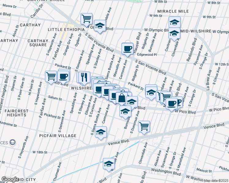 map of restaurants, bars, coffee shops, grocery stores, and more near 1353 Carmona Avenue in Los Angeles