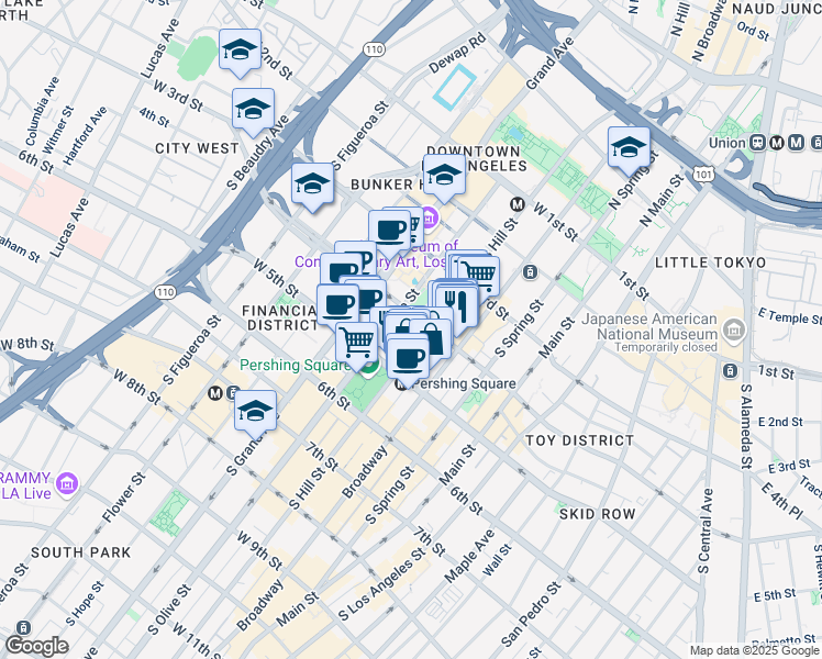 map of restaurants, bars, coffee shops, grocery stores, and more near 415 South Hill Street in Los Angeles