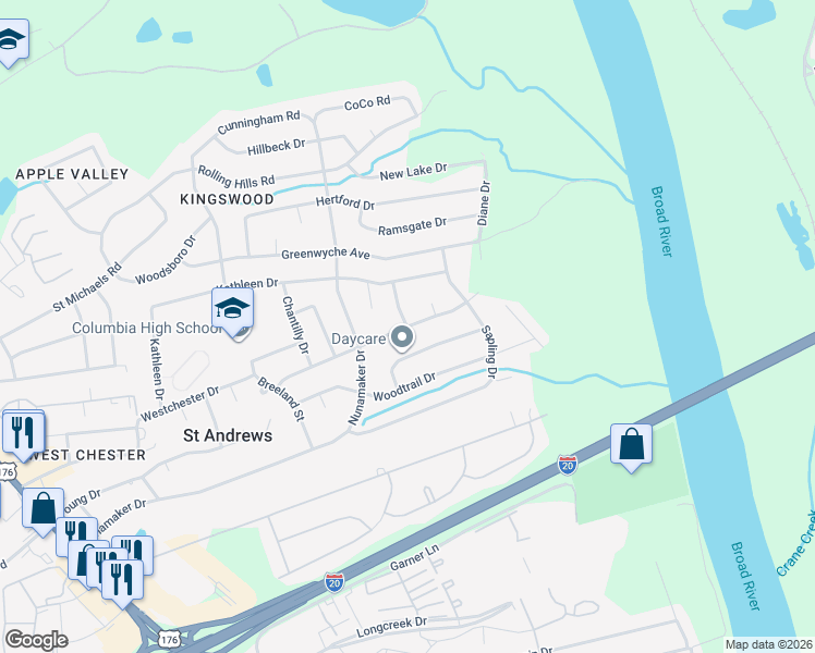 map of restaurants, bars, coffee shops, grocery stores, and more near Chandler Avenue in Columbia
