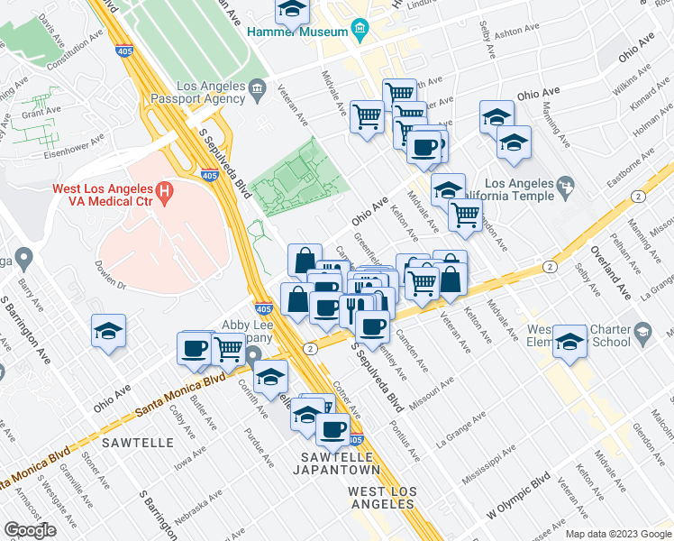 map of restaurants, bars, coffee shops, grocery stores, and more near 1540 South Bentley Avenue in Los Angeles