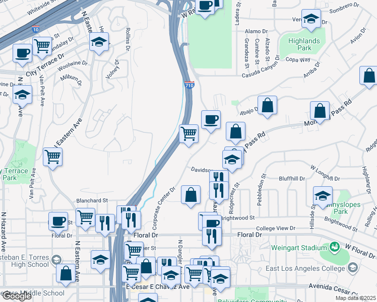 map of restaurants, bars, coffee shops, grocery stores, and more near 1111 Corporate Center Drive in Monterey Park