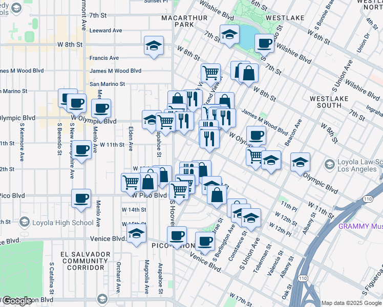 map of restaurants, bars, coffee shops, grocery stores, and more near 1125 South Lake Street in Los Angeles