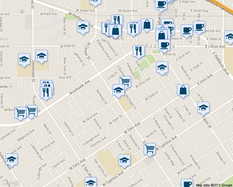 map of restaurants, bars, coffee shops, grocery stores, and more near 135 South Center Street in Redlands
