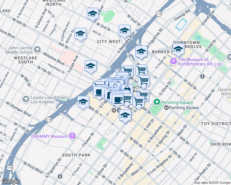 map of restaurants, bars, coffee shops, grocery stores, and more near 616 South Figueroa Street in Los Angeles
