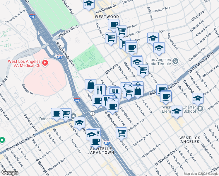 map of restaurants, bars, coffee shops, grocery stores, and more near 1600 Camden Avenue in Los Angeles