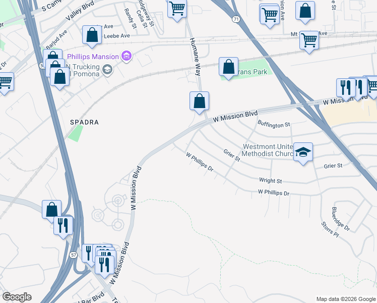 map of restaurants, bars, coffee shops, grocery stores, and more near 1997 West Phillips Drive in Pomona