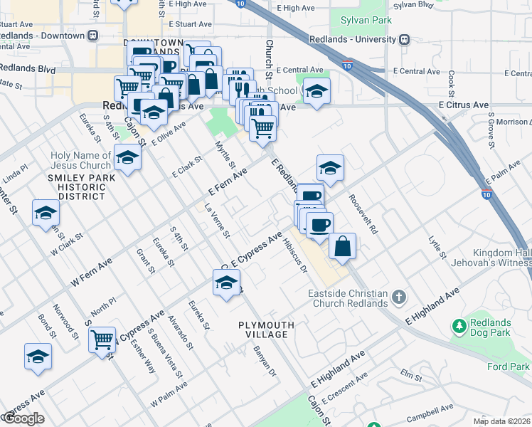 map of restaurants, bars, coffee shops, grocery stores, and more near 510 Hibiscus Drive in Redlands