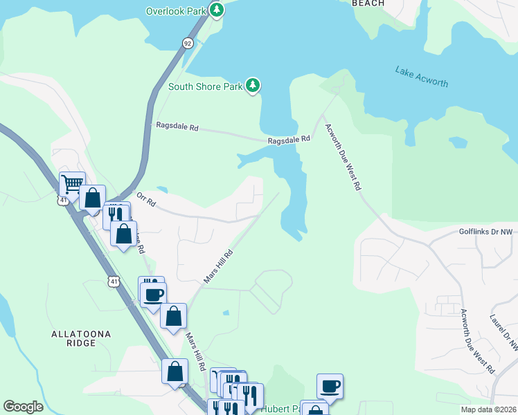 map of restaurants, bars, coffee shops, grocery stores, and more near 3916 Marguerite Drive Northwest in Acworth