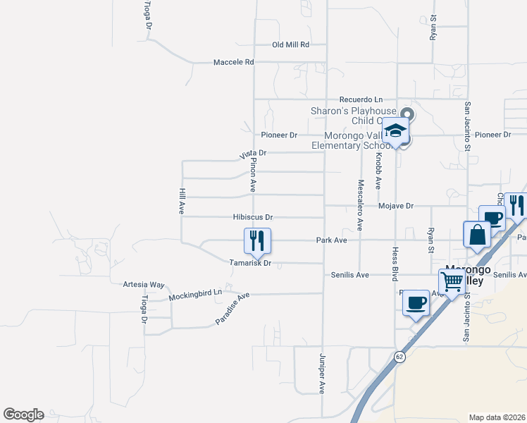 map of restaurants, bars, coffee shops, grocery stores, and more near 49130 Hibiscus Drive in Morongo Valley