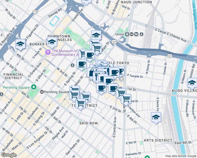 map of restaurants, bars, coffee shops, grocery stores, and more near 134 Astronaut Ellison S Onizuka Street in Los Angeles