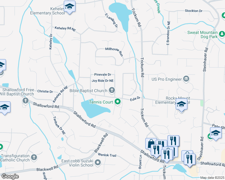 map of restaurants, bars, coffee shops, grocery stores, and more near 4097 Hubert Drive in Marietta