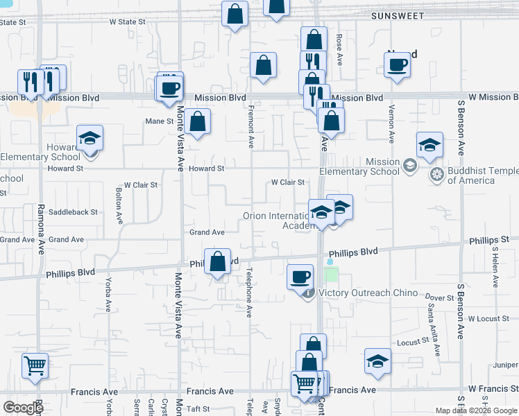 map of restaurants, bars, coffee shops, grocery stores, and more near 5137 Saddleback Street in Montclair