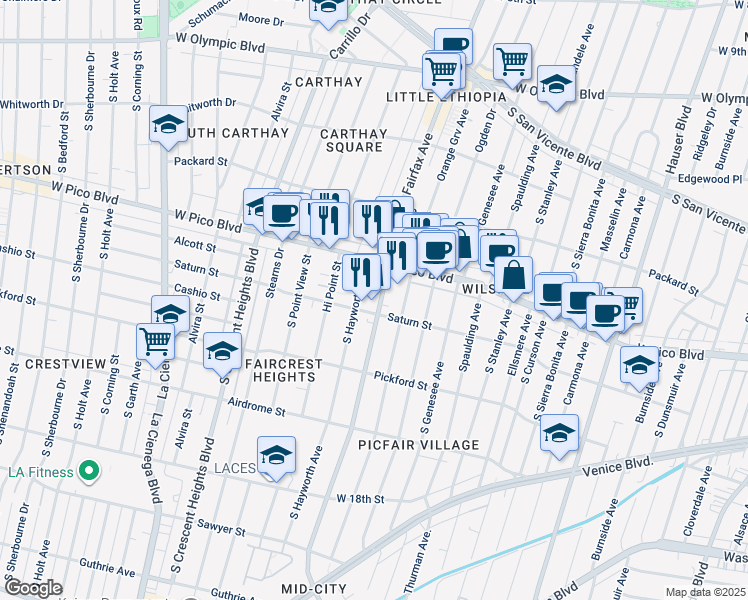 map of restaurants, bars, coffee shops, grocery stores, and more near 1445 South Fairfax Avenue in Los Angeles
