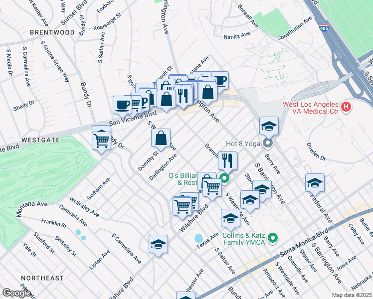 map of restaurants, bars, coffee shops, grocery stores, and more near 11842 Darlington Avenue in Los Angeles